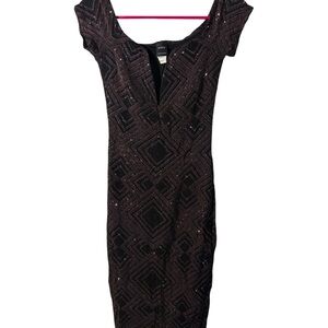 B2 Privy Black Brown Off the Shoulder Geometric Dress